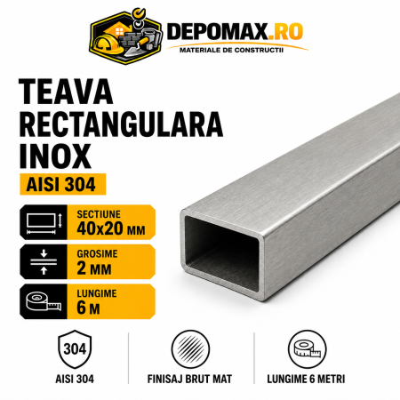 Teava rectangulara inox AISI 304, 40 x 20 x 2 mm, 6 metri